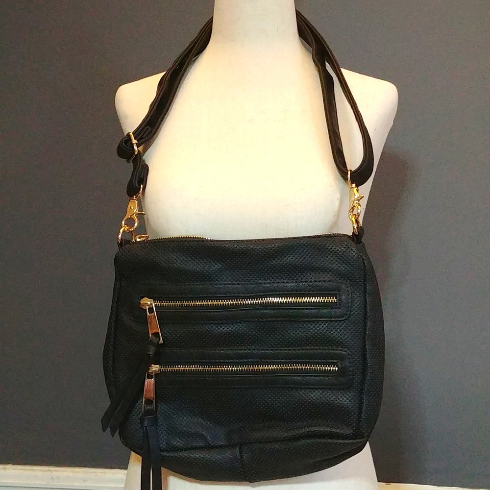 NWOT Black Faux Leather Crossbody Purse With Gold Toned Hardware